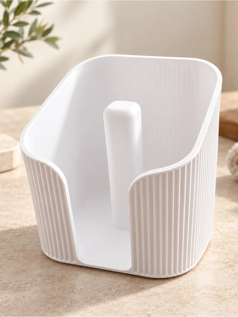 White Ribbed Plastic Toilet Paper Organizer with Central Spindle